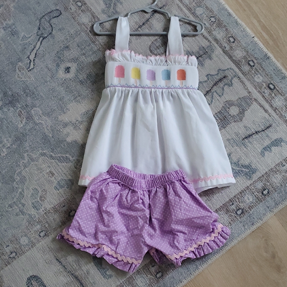 Stitchy Fish Girls Smocked Embroidered Popsicle Treats Matching Outfit Set Sz6